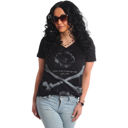 Rose Cross Curved V-Neck T-Shirt